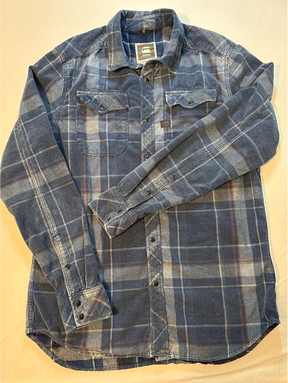 G-Star RAW Landoh Men’s L Blue Plaid Corduroy Western Snap Front Shirt